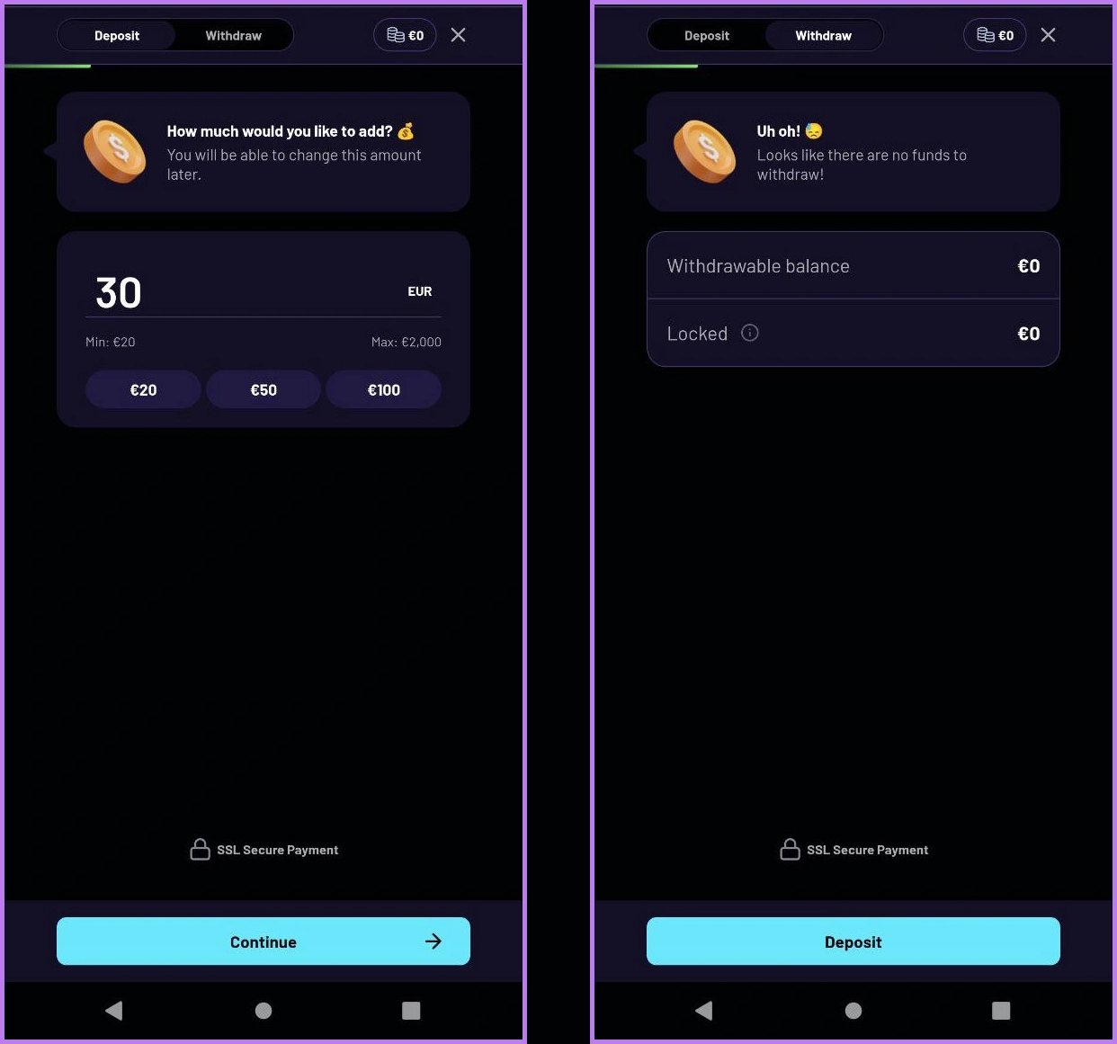 Deposit and withdrawal information at TurboWins