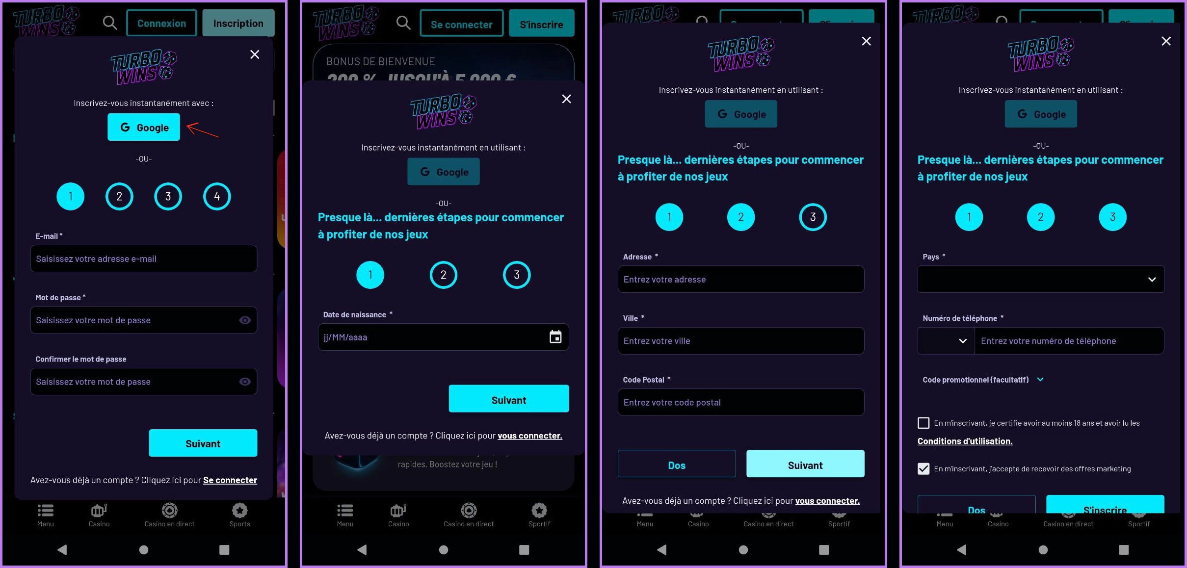 Inscription rapide pour les nouveaux joueurs chez TurboWins 