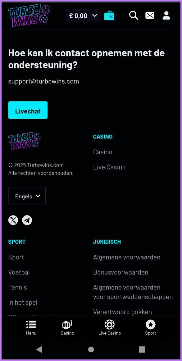 Contactmogelijkheden voor ondersteuning bij TurboWins