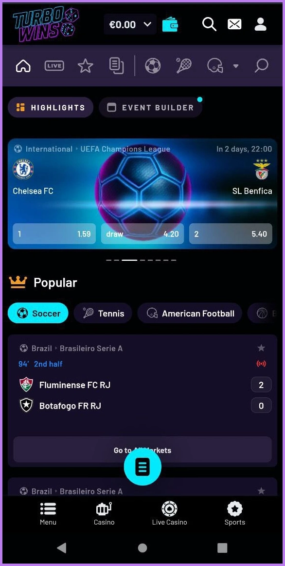 Real-time live betting on sports events at TurboWins