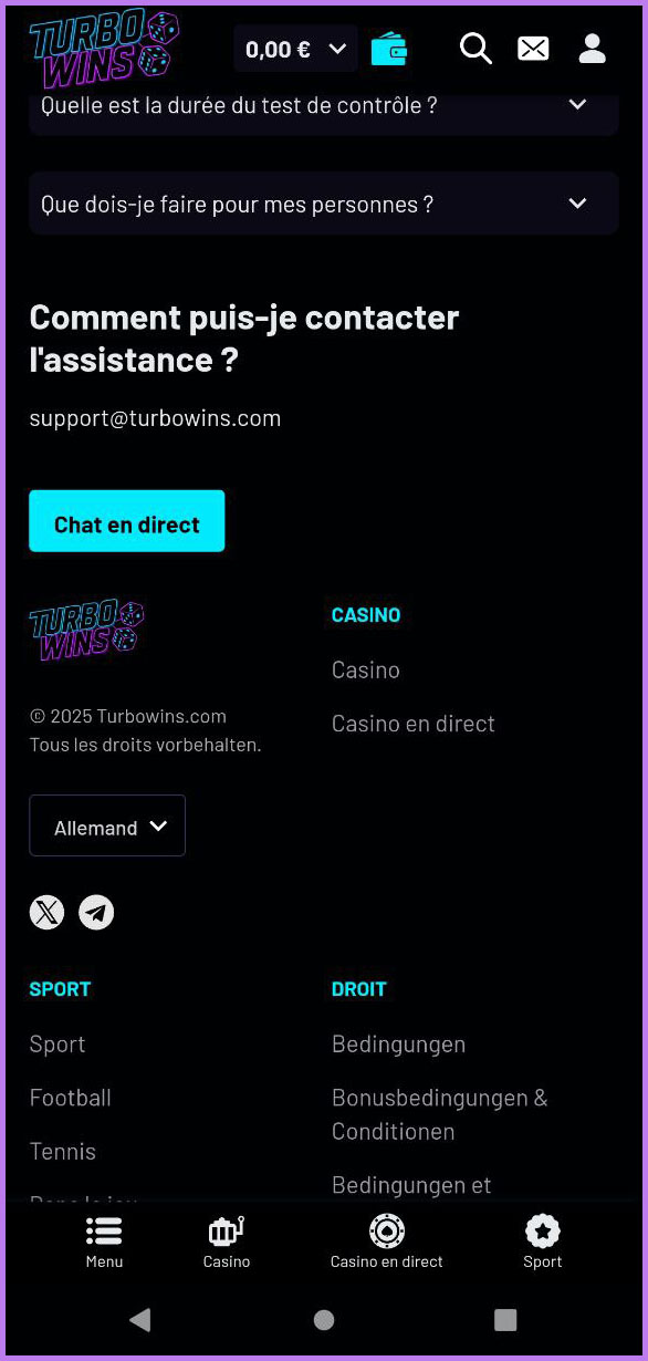Options de contact pour le support chez TurboWins 