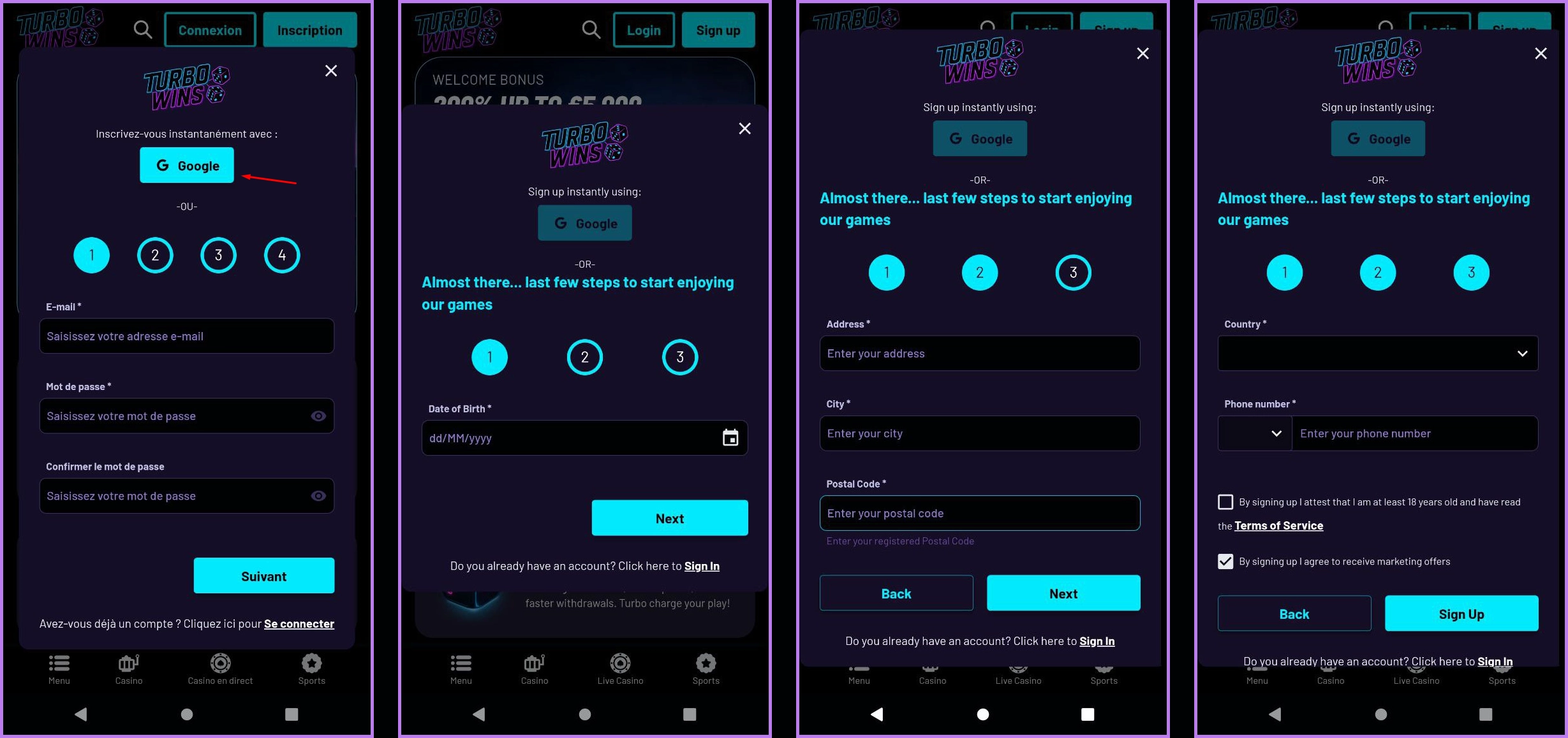 Quick registration for new players at TurboWins