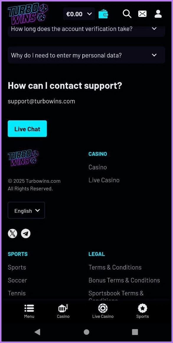 Contact options for support enquiries at TurboWins